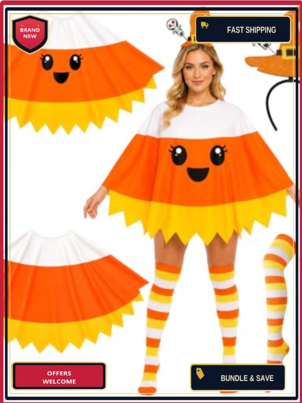 Candy Corn Costume Accessories Set with Cape, Witch Headband, Striped Socks